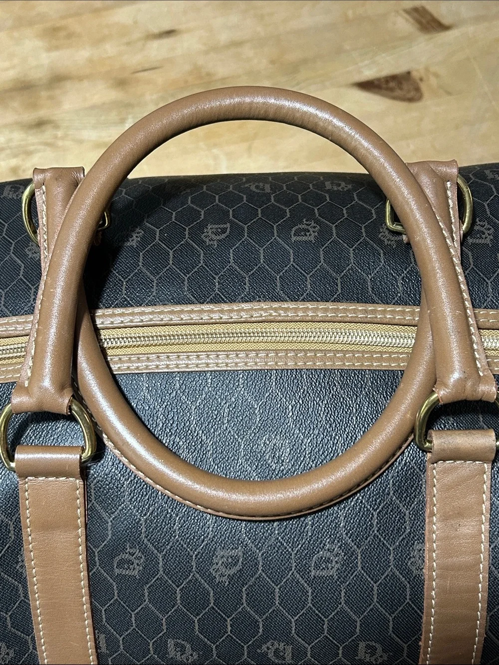 Vintage Christian Dior Black X Brown Monogram Trotter Honeycomb Boston Duffle - Picture 6 of 16